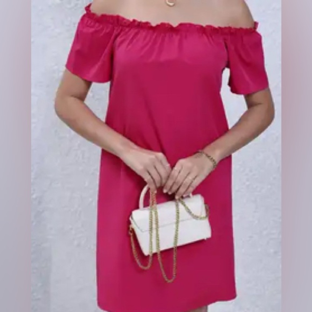 Pink Off-Shoulder Dress with White Handbag